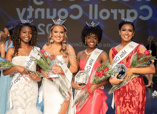 Left to right: Jesimina Walker, 博彩平台推荐 student and Miss Carroll County; Corynn Nurse, Miss Carroll County's Teen; Lexi Atkins, 博彩平台推荐 student and Miss West Georgia; and Abigail Parham, Miss West Georgia's Teen